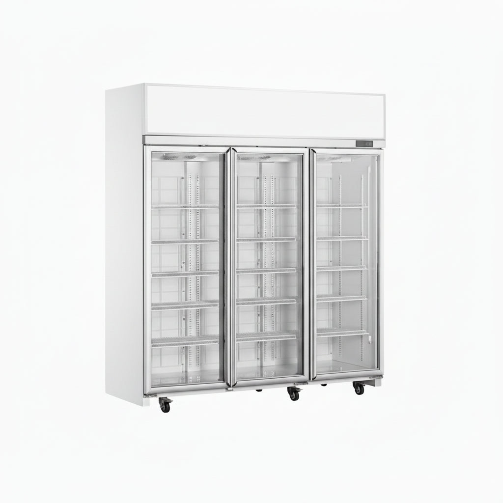 Commercial upright showcase ventilated cooling refrigerator freezer with triple glass doors in white.