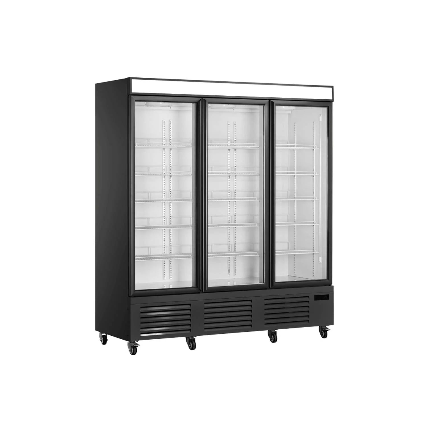 Commercial upright premium ventilated cooling showcase refrigerator freezer with triple glass doors in black.