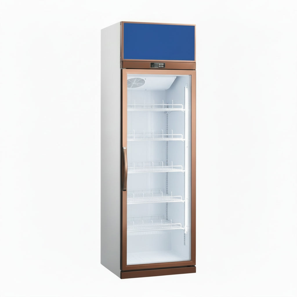 Commercial upright showcase ventilated cooling refrigerator freezer with single glass door.