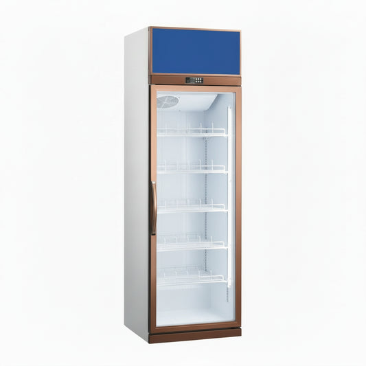 Commercial upright showcase ventilated cooling refrigerator freezer with single glass door.