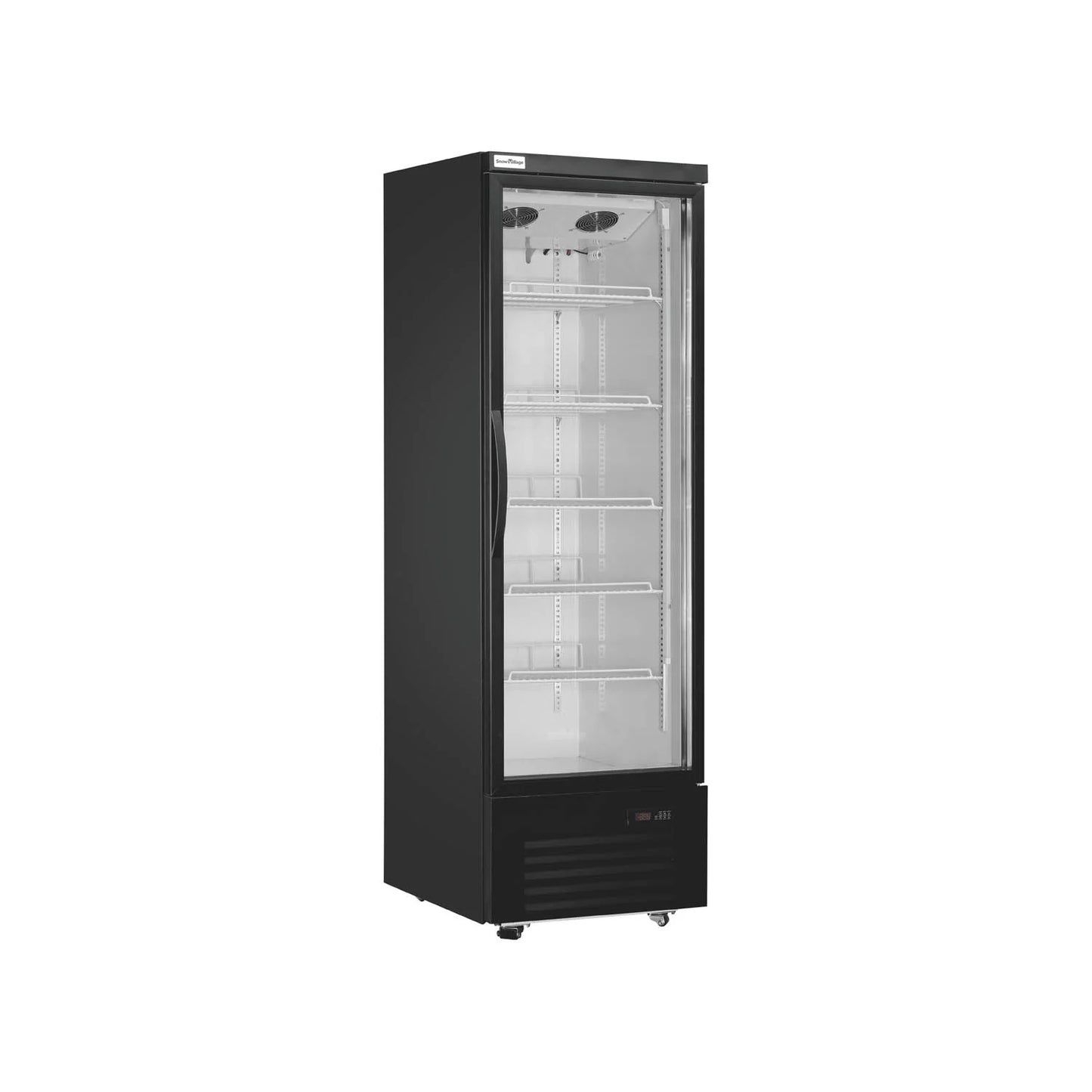 Commercial upright premium ventilated cooling showcase refrigerator freezer with single glass door in black.