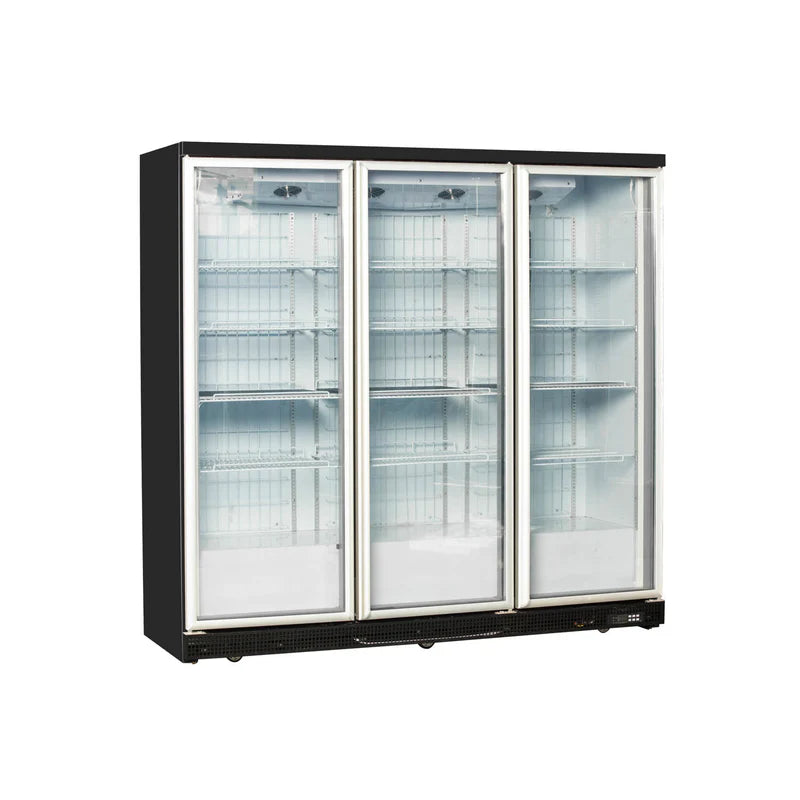 Commercial upright showcase ventilated cooling beverage cooler with three glass doors and black and white frame.
