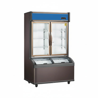 Commercial C-Store dual temperature combination freezer with double glass display doors.