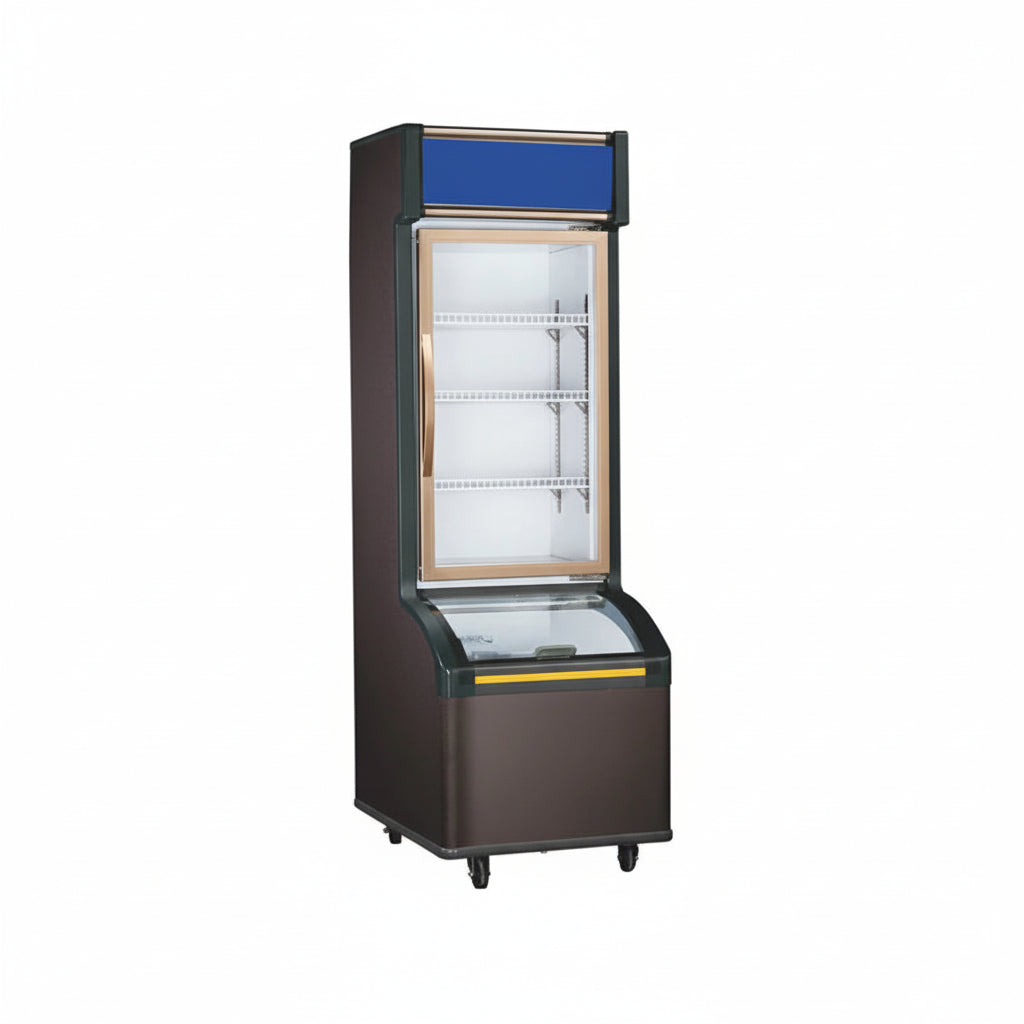 Commercial C-Store dual temperature combination freezer with single sliding glass display door.