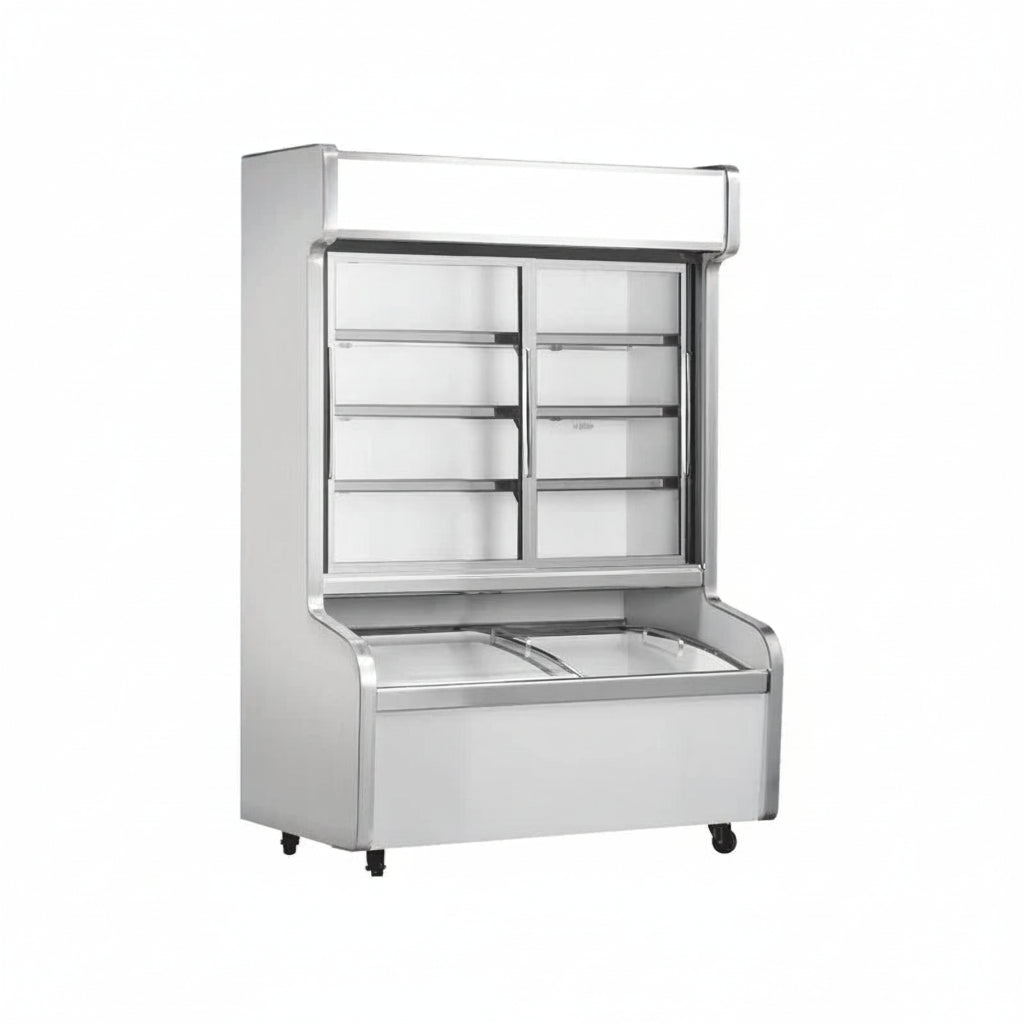 Commercial deluxe dual temperature combination freezer with 2 sliding glass doors and high-capacity storage.