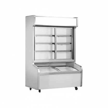 Commercial deluxe dual temperature combination freezer with 2 sliding glass doors and high-capacity storage.