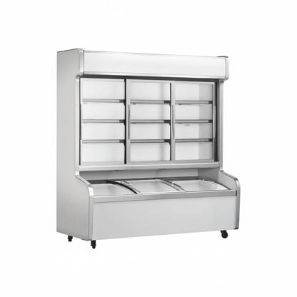 Commercial deluxe dual temperature combination freezer with 3 sliding glass doors and high-capacity storage.