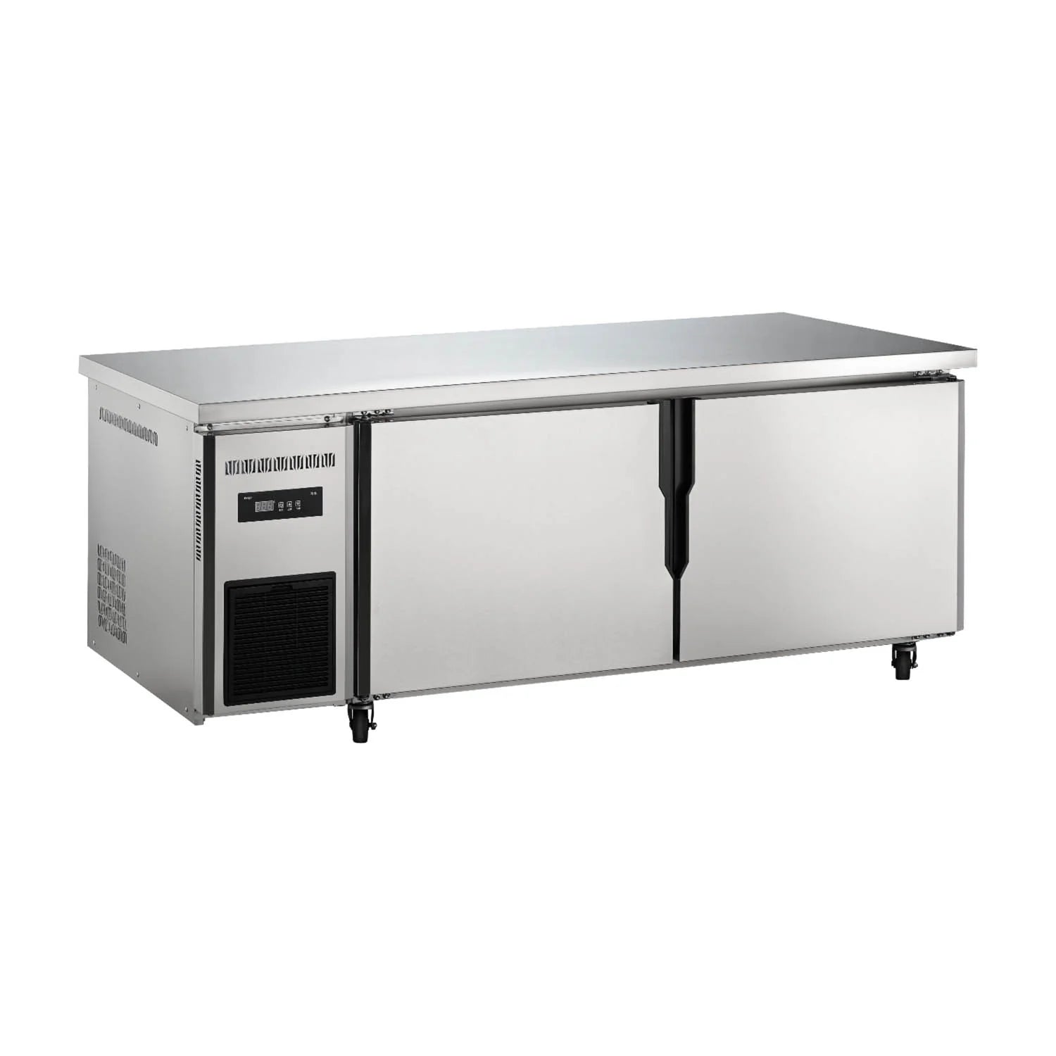 Commercial premium stainless steel ventilated cooling two-door undercounter refrigerator.