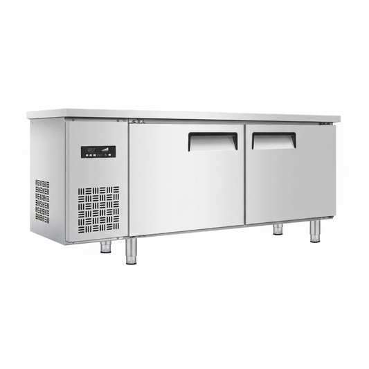 Commercial premium stainless steel static cooling two-door undercounter refrigerator.