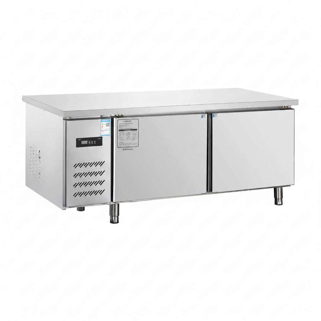Commercial standard two-door undercounter refrigerator.