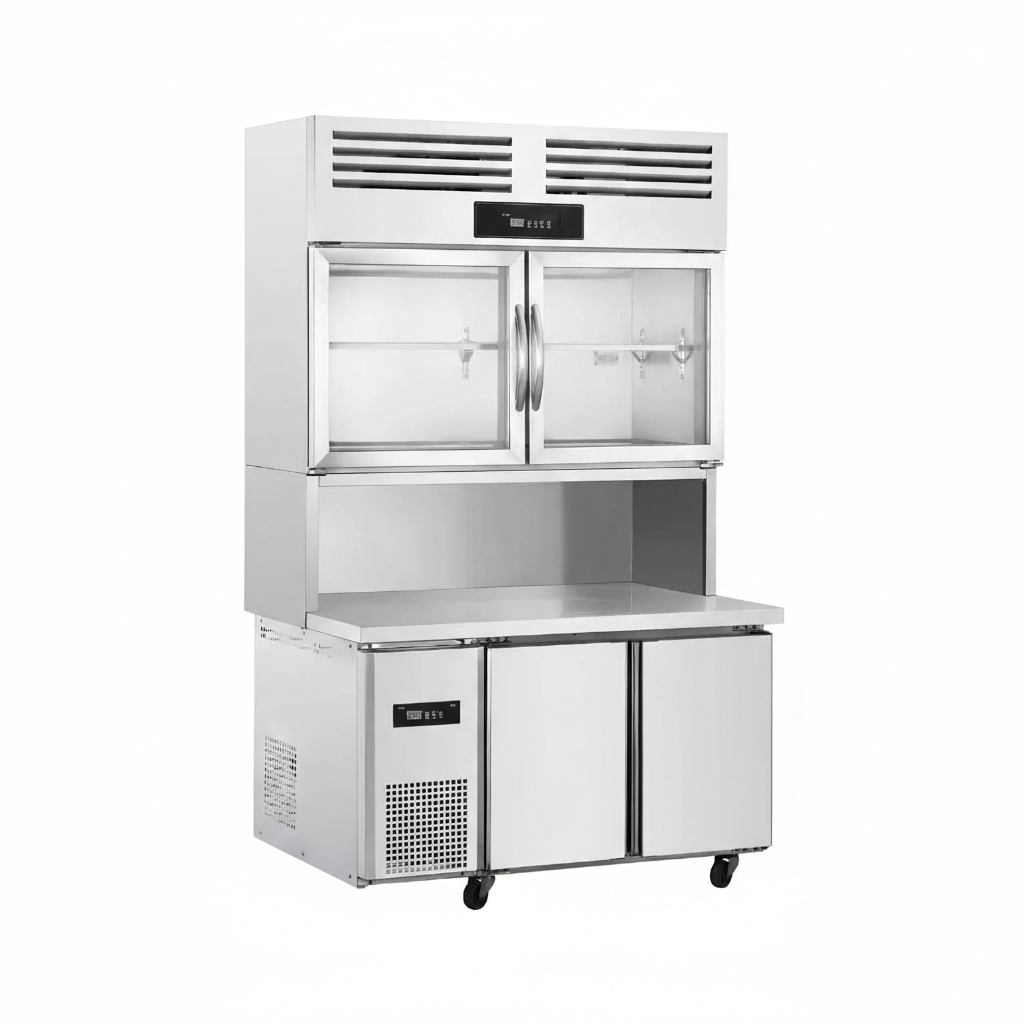 Commercial kitchen sub cabinet refrigerator with two top glass doors.