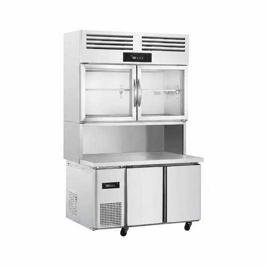 Commercial kitchen sub cabinet refrigerator with two top glass doors.