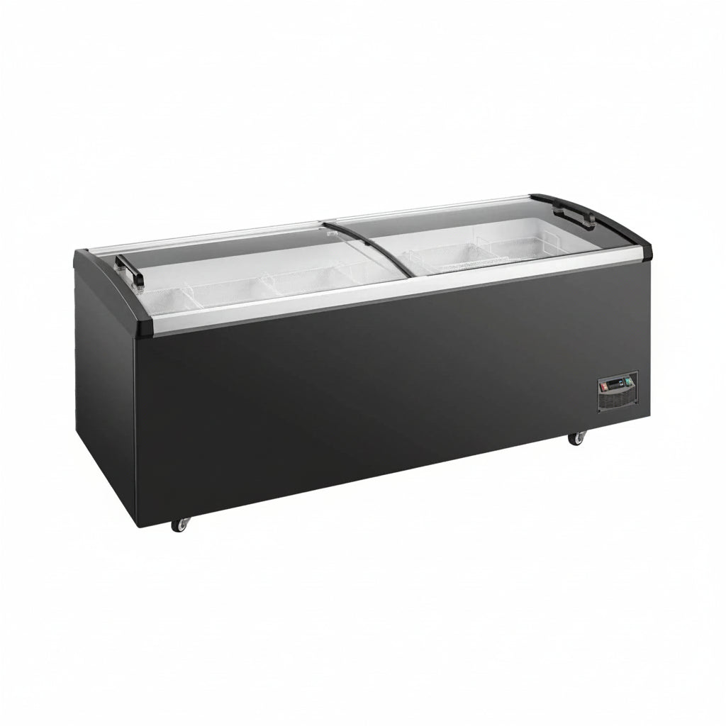 Commercial ice cream chest freezer with two sliding glass display doors.