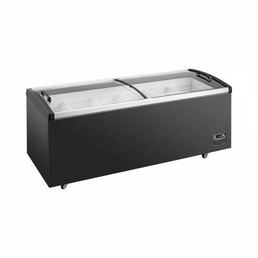 Commercial ice cream chest freezer with two sliding glass display doors.