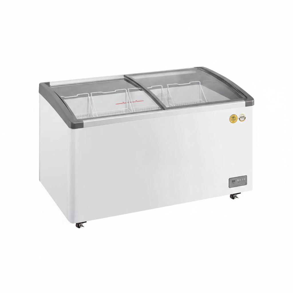 Commercial ice cream chest freezer with aluminium frame and two sliding glass display doors.