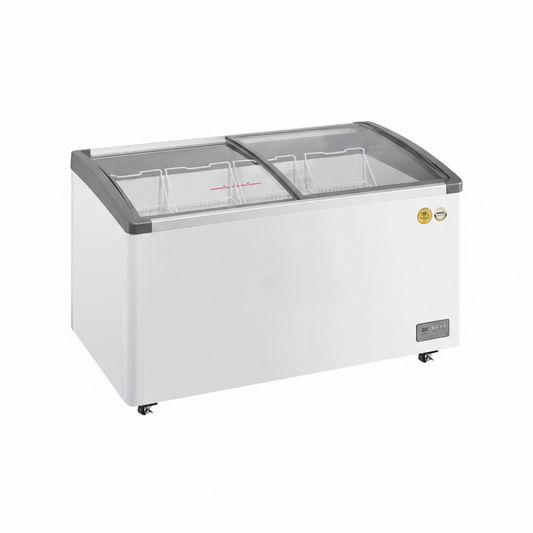 Commercial ice cream chest freezer with aluminium frame and two sliding glass display doors.