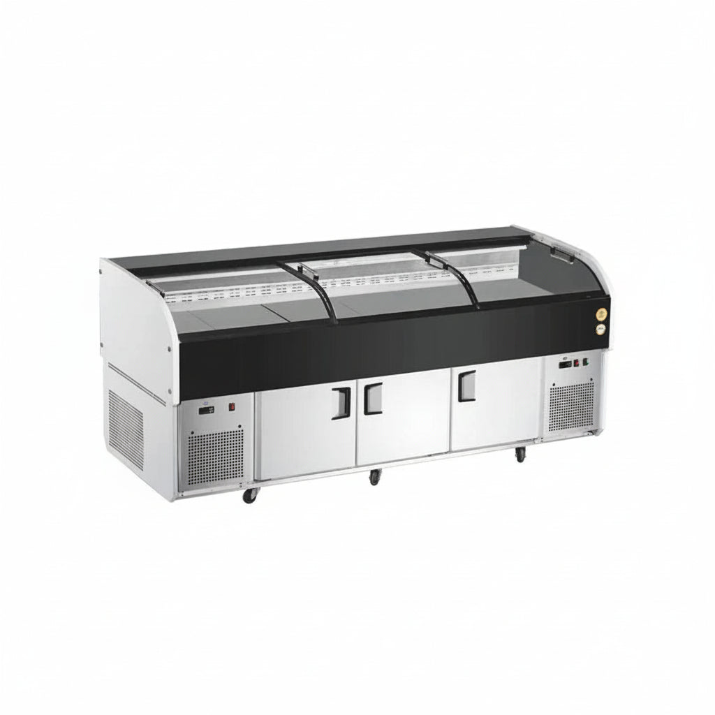 Commercial dual temperature ice display table with three sliding doors and black frame.
