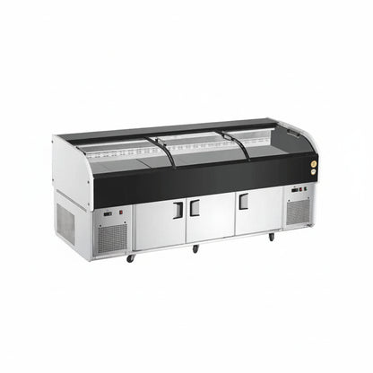 Commercial dual temperature ice display table with three sliding doors and black frame.