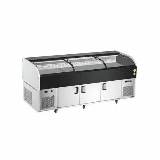 Commercial dual temperature ice display table with three sliding doors and black frame.