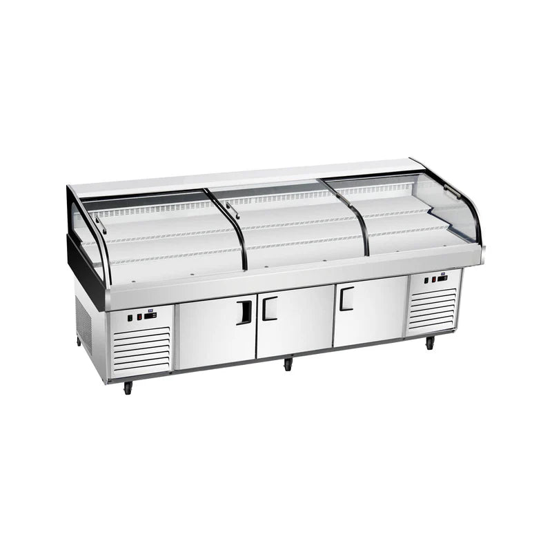 Commercial tri-steps dual temperature ice display table with three sliding doors.