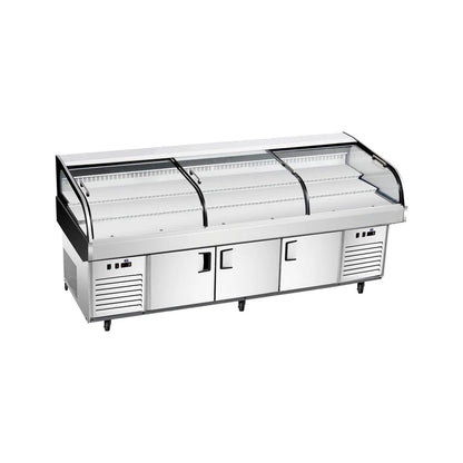 Commercial tri-steps dual temperature ice display table with three sliding doors.