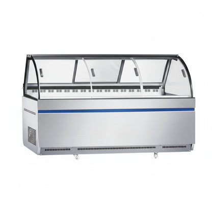 Commercial curved deli showcase ventilated cooling refrigerator with three front and rear sliding doors.