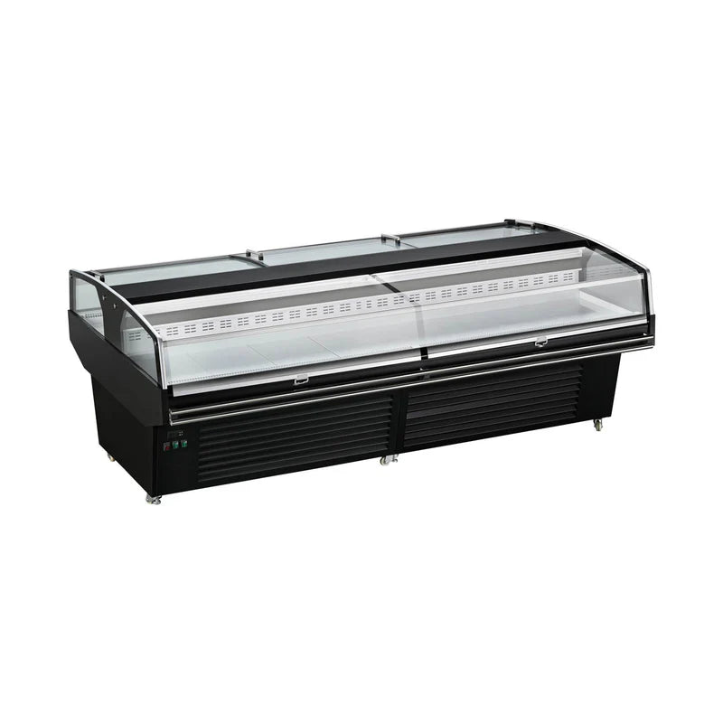Commercial ventilated horizontal  refrigerator with display and three sliding doors and wheels.