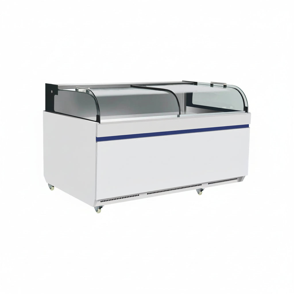 Commercial flat deli showcase static cooling refrigerator with two sliding doors.