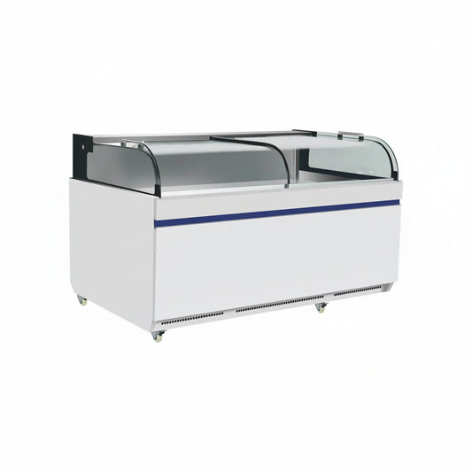 Commercial flat deli showcase static cooling refrigerator with two sliding doors.
