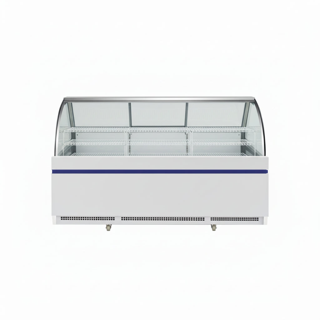 Commercial curved deli showcase static cooling refrigerator with three rear sliding doors.