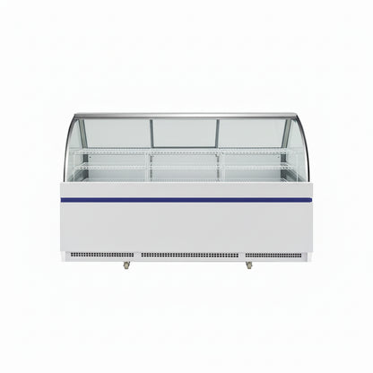 Commercial curved deli showcase static cooling refrigerator with three rear sliding doors.