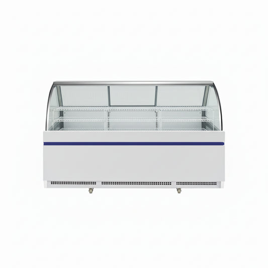 Commercial curved deli showcase static cooling refrigerator with three rear sliding doors.