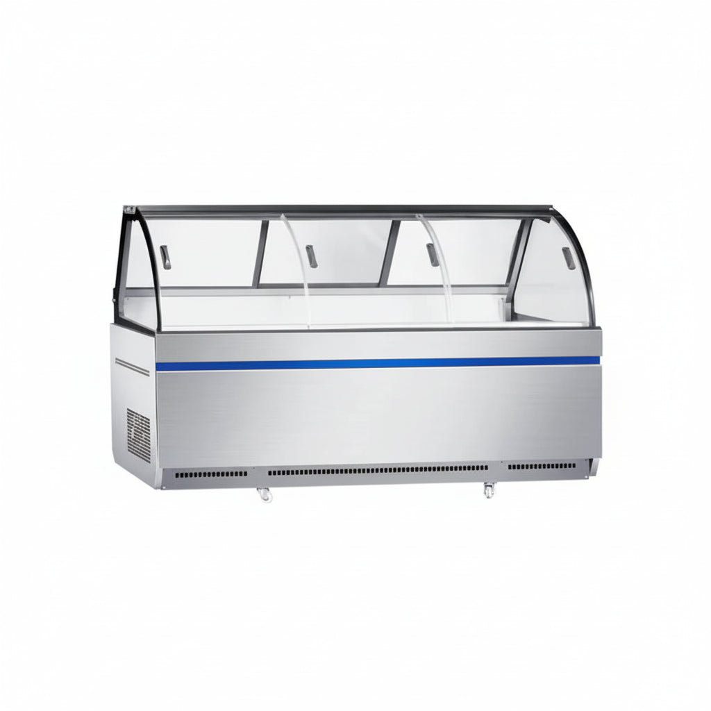 Commercial curved deli showcase static cooling refrigerator with three front and rear sliding doors.