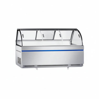 Commercial curved deli showcase static cooling refrigerator with three front and rear sliding doors.