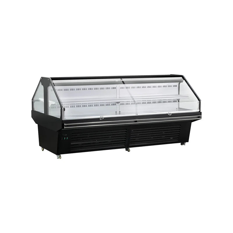 Commercial ventilated cooling horizontal display refrigerator with shelves.