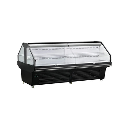 Commercial ventilated cooling horizontal display refrigerator with shelves.