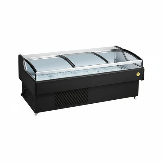 Commercial flat horizontal refrigerator with three sliding doors.