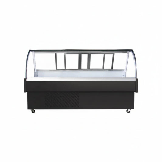 Commercial curved horizontal refrigerator with rear sliding doors.
