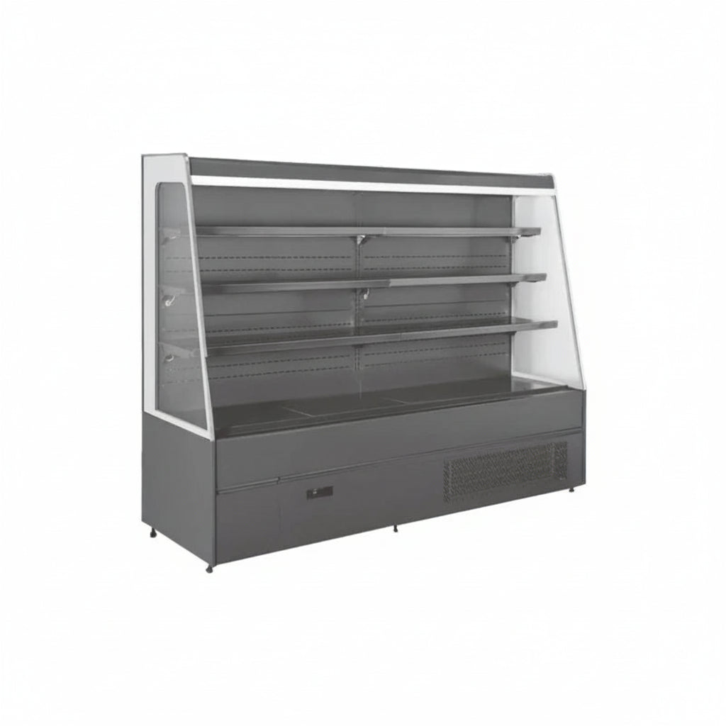 Commercial plug-in type semi-height cabinet air curtain chiller freezer in grey.