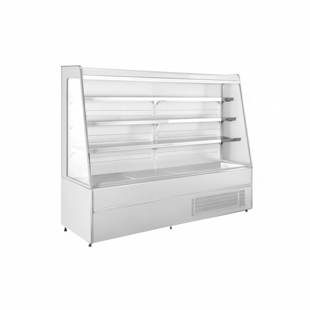 Commercial plug-in type semi-height cabinet air curtain chiller freezer in white.