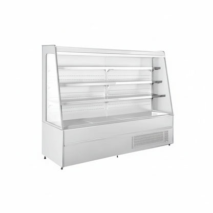 Commercial plug-in type semi-height cabinet air curtain chiller freezer in white.