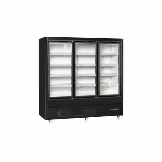 Commercial plug-in type upright glass door showcase chiller freezer with three doors.