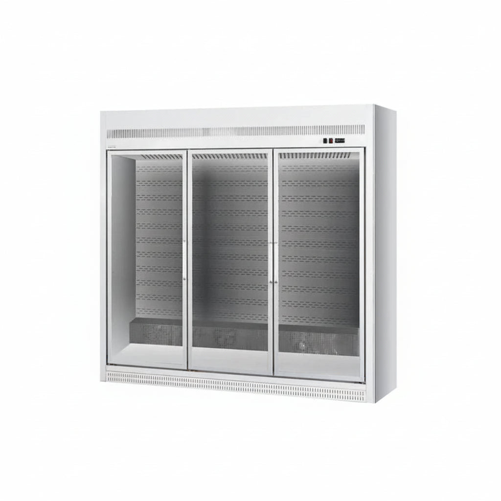 Commercial meat hanging freezer with three glass doors.