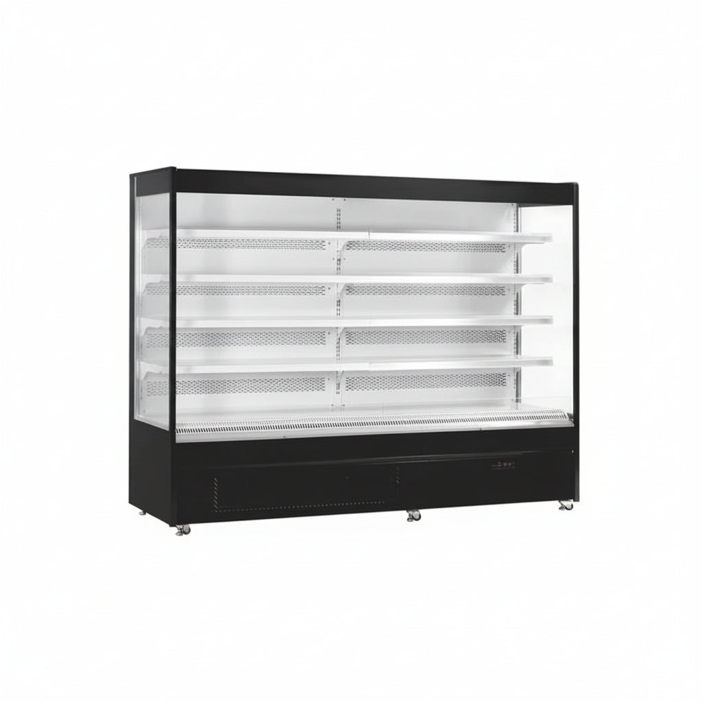 Commercial plug-in type supermarket air curtain chiller freezer with shelves.