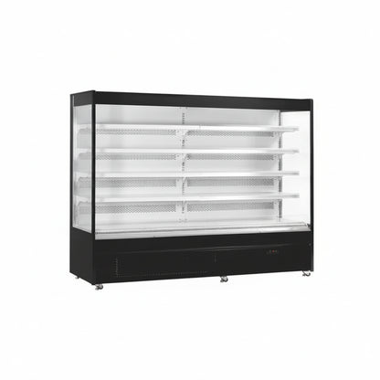 Commercial plug-in type supermarket air curtain chiller freezer with shelves.