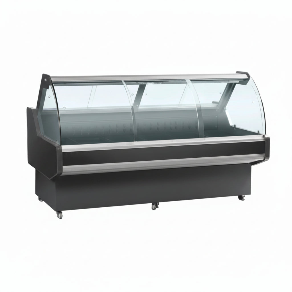 Commercial deluxe deli showcase ventilated cooling refrigerator with front and rear sliding doors.
