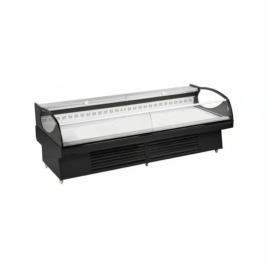 Commercial supermarket ventilated cooling horizontal open-top refrigerator.