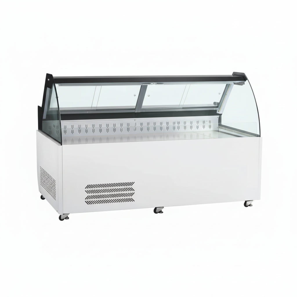 Commercial curved deli showcase ventilated cooling refrigerator with two rear sliding doors.