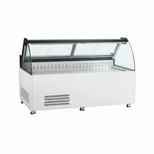 Commercial curved deli showcase ventilated cooling refrigerator with two rear sliding doors.