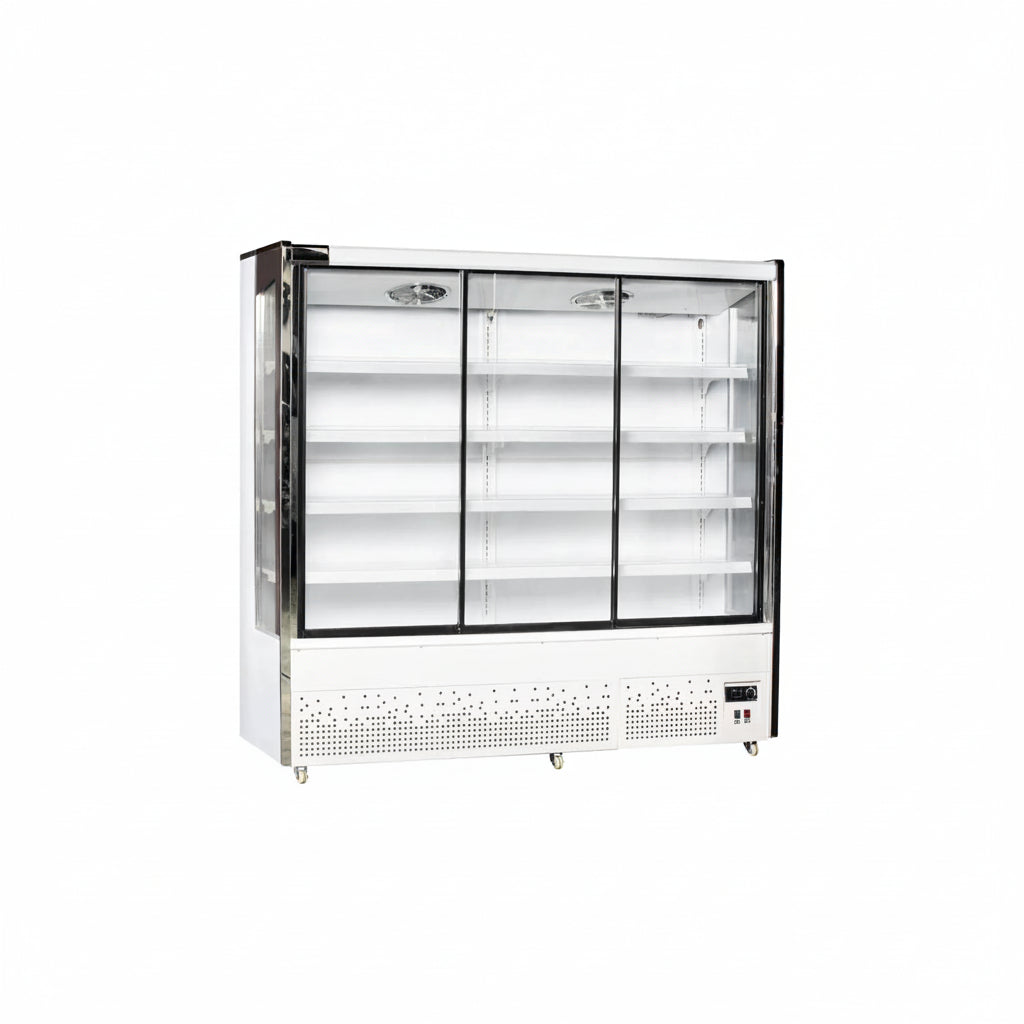 Commercial plug-in type fruit and vegetable cabinet air curtain chiller.